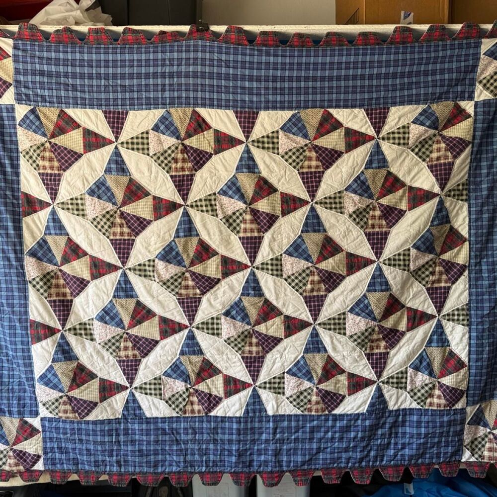 Primitive Patchwork Pinwheel Quilt 64x81 Country Cottage Throw  needs a repair
